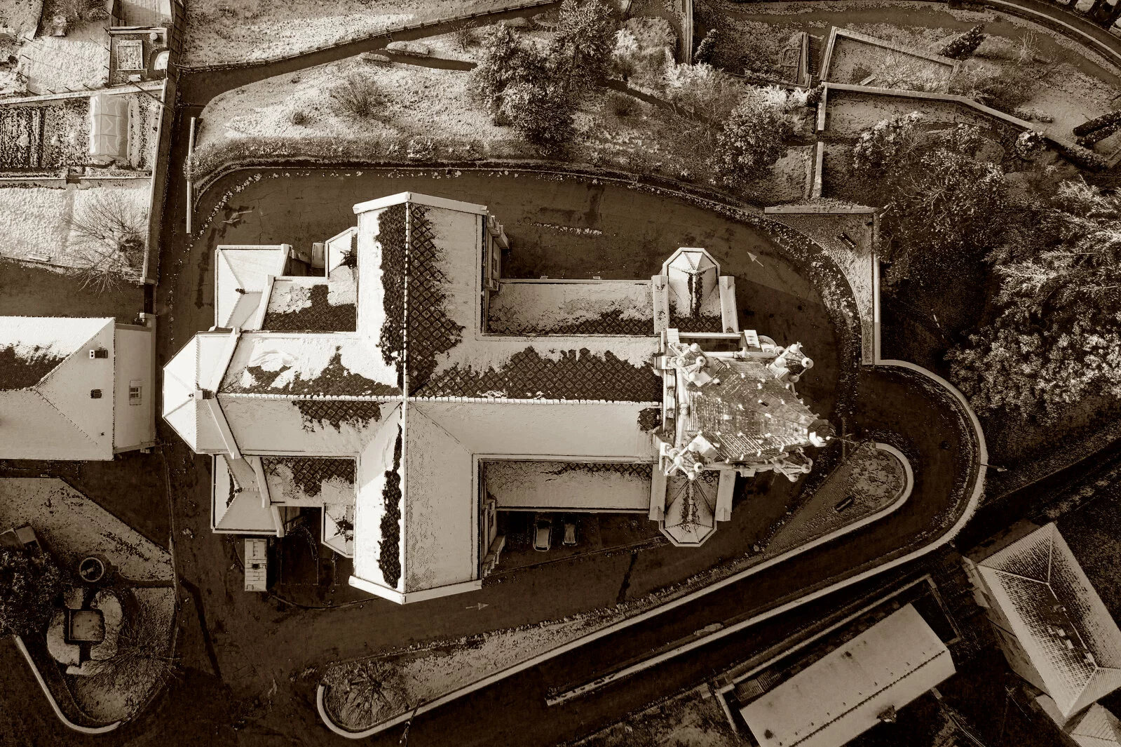 Cruciform church from aerial view